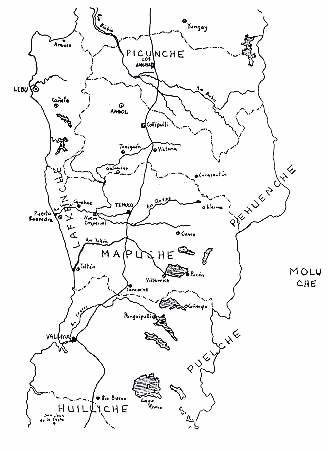 Karte mit den
                        Mapuches in der Ebene und den Pehuenches in der
                        hohen Sierra