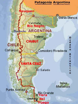 Karte mit den heutigen Staaten
                Chile und Argentinien und den argentinischen Provinzen
                Neuqu�n, R�o Negro, Chbut, Santa Cruz und Feuerland