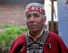 Beispiel eines
                          "Lonko" der Mapuche: Lonko Robinson
                          Carim�n aus Talca [3] mit sch�nem Stirnband
                          und Umhang (poncho)