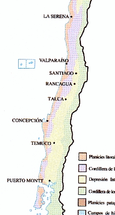 Karte des zentralen Chile (von La Serena
                          bis Puerto Montt) mit den verschiedenen
                          Landschaften: rot: Ebenen - violett: erste
                          Bergketten - gelb: Senken - gr�n: hohe
                          Bergketten (Sierra)