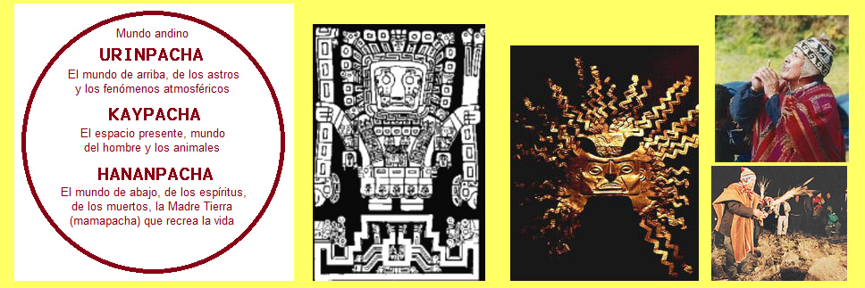 La cosmovisi�n
                      andina en general con mundos, con el dios creador
                      Wiracocha, con el dios del sol Inti y con
                      chamanes
