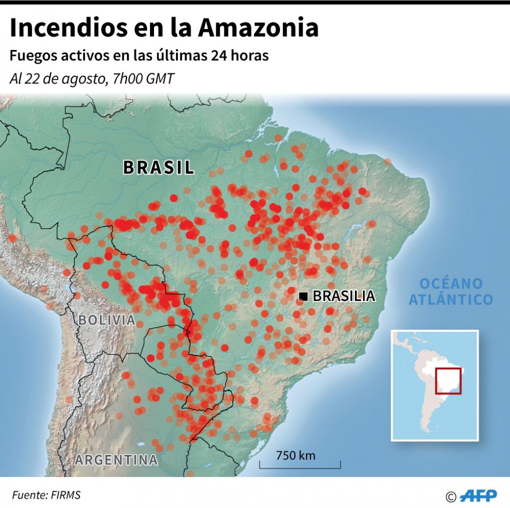 Karte der Waldbr�nde in Brasilien
                und Bolivien, 22. August 2019