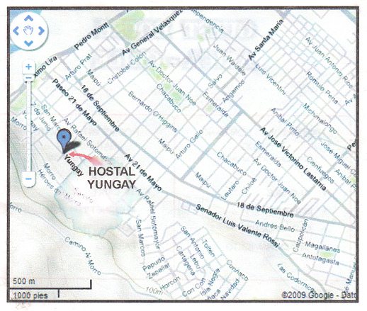 Die R�ckseite des Flugblatts mit
                                dem Plan von Arica mit dem Hostal
                                Yungay