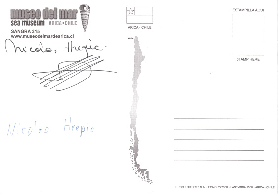R�ckseite der Ansichtskarte mit dem
                        Autogramm von Nicolas Hrepic (2010)