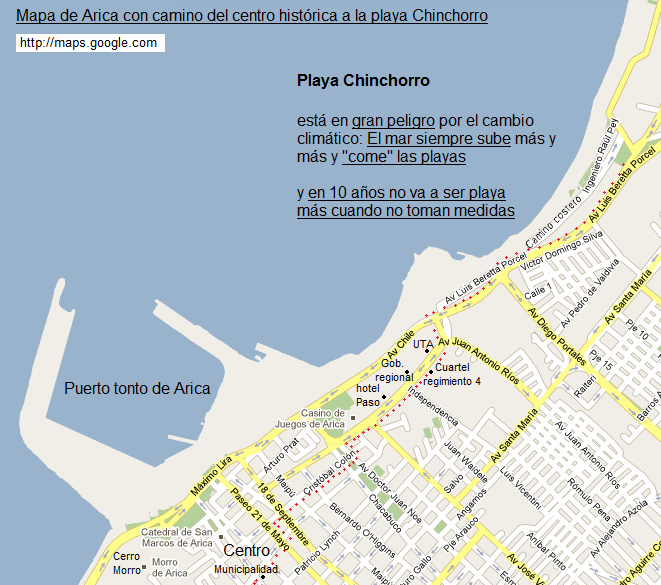 Mapa de Arica con el camino del
                            centro hist�rico a la playa Chinchorro
