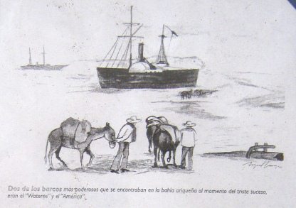 Artikel 3: Zeichnung der beiden Schiffe
                            Wateree und America, wie sie nach dem
                            Tsunami von 1868 in der W�ste liegen