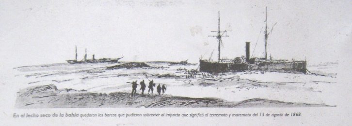 Artikel 8, Foto 2: Diejenigen Schiffe,
                            die durch das Erdbeben und das Seebeben vom
                            13. August 1868 nicht zerst�rt worden waren,
                            �berlebten in der W�ste