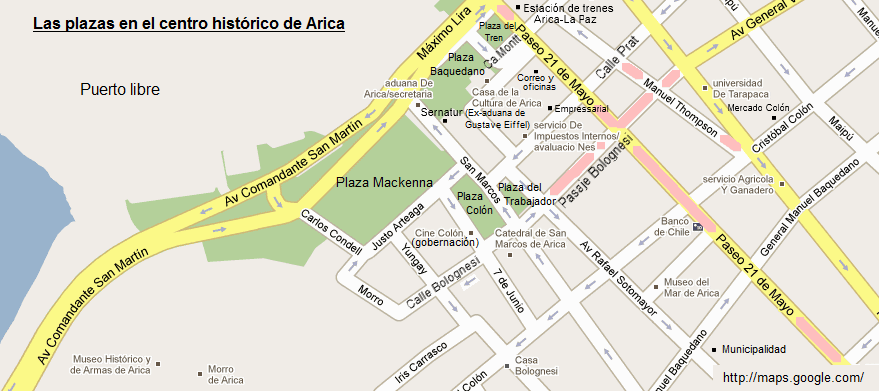 Karte mit den Pl�tzen im historischen
                          Zentrum von Arica