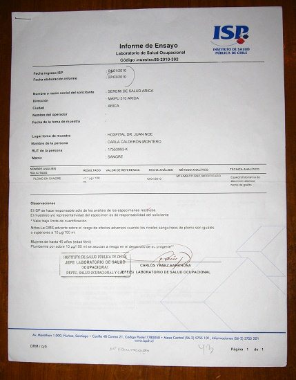 Das Testresultat auf Blei von
                        Carla Calder�n Montero