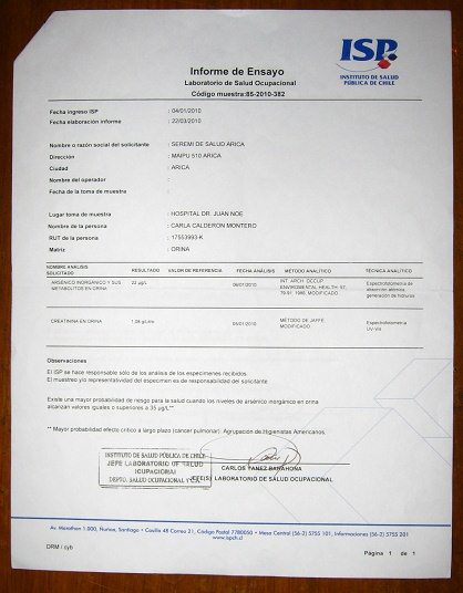 Das Testresultat auf Arsen von
                        Carla Calder�n Montero