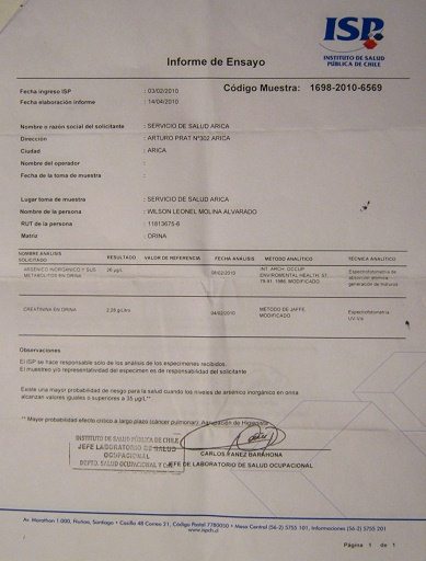 Testresultat von Wilson Leonel Molina Alvarado mit
              der Analyse von Arsen und Kreatin, Nahaufnahme