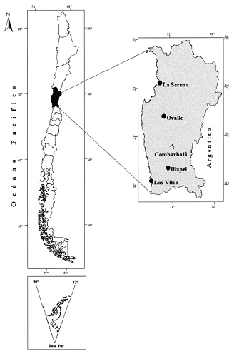 Karte von Chile mit der 4. Region mit La
                          Serena, Ovalle, Combarbal�, Illapel und Los
                          Vilos