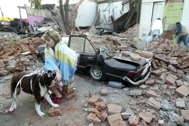 Talca,
                eingest�rzte Ziegelw�nde, Tr�mmerstrasse mit Hund [25]