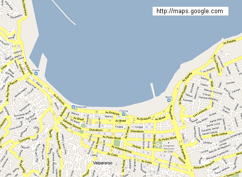 Karte von Valparaiso vom Hafen bis zur
                  Metrostation "Bar�n" ohne Eisenbahnlinien,
                  nur mit den Metrostationen [Karte 1]. Als
                  Nichtwissender meint man, da sei ein sch�ner Strand.
                  Vielleicht l�uft die Metro unterirdisch? Und eine
                  Metrostation heisst ja auch "Sch�ne
                  Aussicht" ("Bellavista").