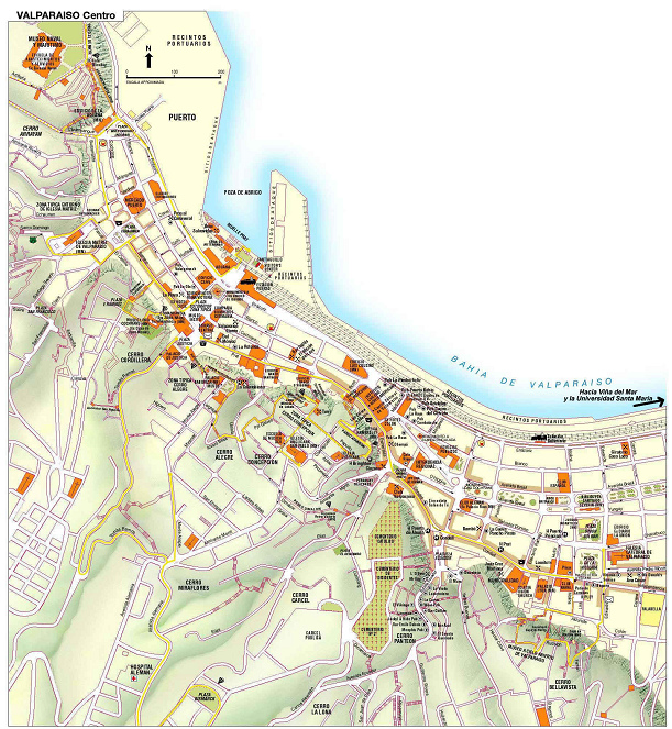 Karte von Valparaiso mit dem Abschnitt
                            vom der Haltestelle "Hafen"
                            ("Puerto") bis zur Haltestelle
                            "Sch�ne Aussicht" ("Bella
                            Vista")