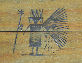 Ausserirdischer mit Fl�geln und Antennen mit
                  dreieckigem Kopf an der Tafel der vergangenen Stadt
                  Tumipampa