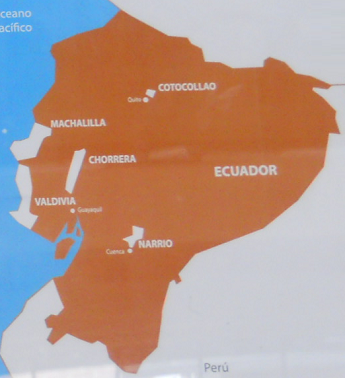 El mapa del museo con las culturas Narr�o,
                  Vald�via, Chorrera, Machalilla y Cotocollao en Ecuador
                  de hoy (Vald�via fue 2.000 a�os antes de Chorrera
                  [web12])