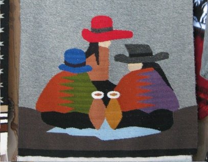 Wandbehang, drei Tratschtanten,
                                  Nahaufnahme