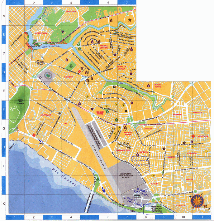 Plano de la ciudad de Guayaquil, norte
                            con el aeropuerto, con el terminal de bus
                            "Terminal R�o Daule", y con el
                            terminal de bus nacional e internacional
                            "Terminal Terrestre"