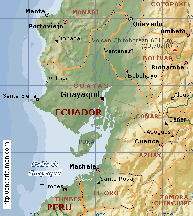 Karte des Kantons Guayas mit
                Guayaquil und der Insel Pun� im Golf von Guayaquil [7],
                je nach Berechnung 855 [8] oder 911 km2 gross [9].