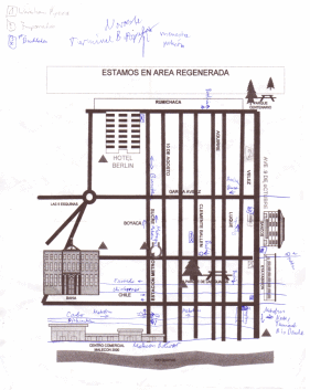 El plano de la ciudad incompleto con el
                            centro de Guayaquil con el hostal Berlin