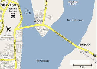 Guayaquil-Dur�n, el "Puente de
                              la Unidad Nacional", mapa de google
                              maps, con suplementos de Michael Palomino
                              (Terminal Terrestre, Aeropuerto, R�o
                              Daule, R�o Babahoyo, R�o Guayas, Dur�n)