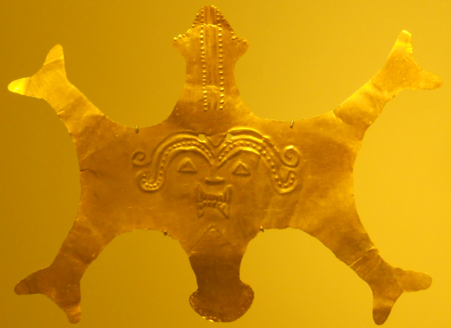 Columbia, San Agust�n Culture, a gold sheet with an
                extraterrestrial god with triangular eyes