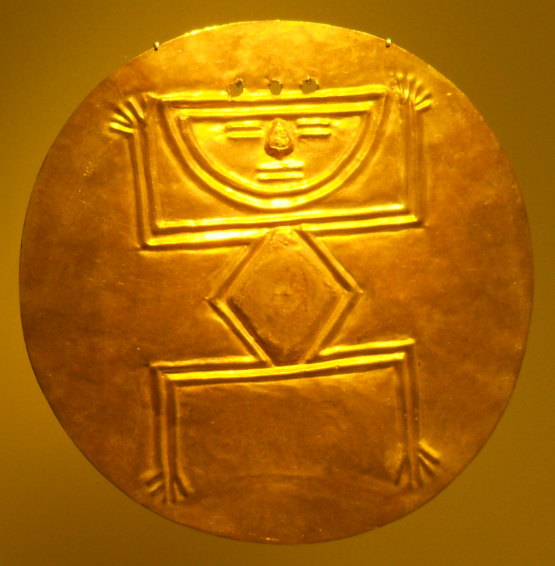 The Last Time of San Agust�n Culture, gold
                        plate with an extraterrestrial god with no
                        visible forehead with rectangular eyes 01