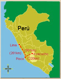 Karte von Per� mit dem
                      Departement Ayacucho (Lima-Pisco: 261km,
                      Pisco-Ayacucho 320km, total 561km)