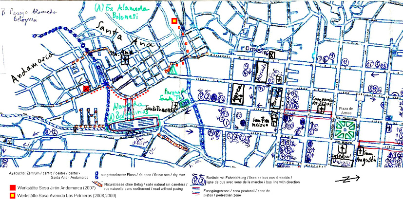 Stadtplan von Ayacucho, von der Plaza
                            de Armas nach Andamarca mit der Werkst�tte
                            Sosa, Avenida las Palmeras 301, Santa Ana,
                            Ayacucho, Tel. 0051-(0)66 52 62 50 (seit
                            Oktober 2007)