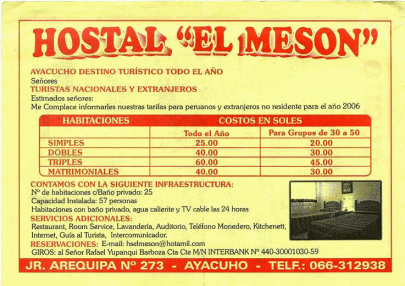 Ayacucho: Hostal El Mes�n, Flugblatt,
                        Preise