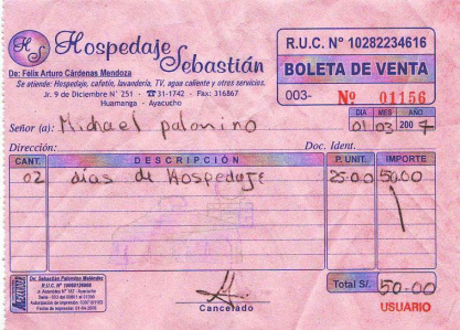 Ayacucho: Hotelquittung der Herberge
                        Hospedaje Sebastian vom 1.3.2007, Jiron 9 de
                        diciembre no. 251, Ayacucho, Per�, tel.
                        066-311742