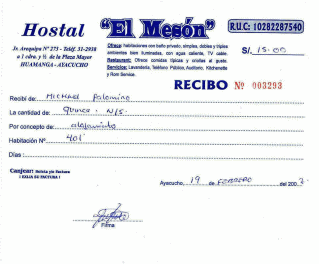Ayacucho: Boleto del hostal "El
                        Mes�n" del 19-2-2007