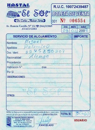 Ayacucho: Boleto del hostal "El
                          Sol" del 2do de marzo 2007