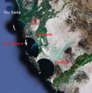 La
                        costa con dos bah�as, con Chimbote y Vesique,
                        foto satelital