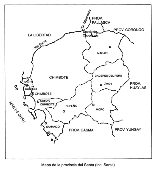 Mapa de la provincia del Santa con los
                            distritos Santa, Coshco, Chimbote, Nuevo
                            Chimbote, Samanco, Nepe�a, Moro, C�ceres del
                            Per� con Jimbe, y Macate (de hoy, 2011).
                            Provincias vecinas de la provincia de
                            Chimbote son La Libertad, Pallasca, Corongo,
                            Huaylas, Yungay, y Casma.
