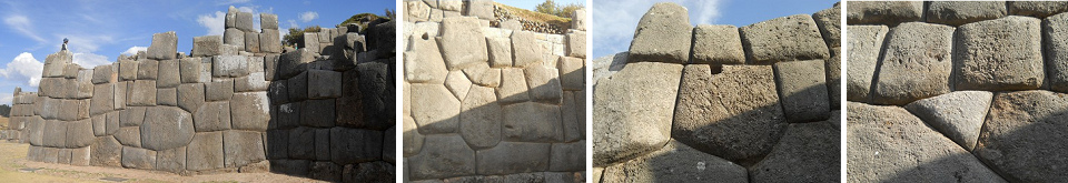 Cusco Sacsayhuam�n: Die
                                        Mauern der Terrassenstufe 1 mit
                                        einem 10-Eckstein, mit
                                        Blumenmustern, mit
                                        Enw�sserungsloch, mit einem
                                        Quasi-Dreieckstein etc.