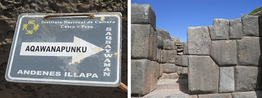 Cusco Sacsayhuam�n: Die
                                        Mauern der Terrassenstufe 2 und
                                        3: Geb�ude mit Steinw�nden und
                                        ein Wegweiser nach Aqawanapunku
