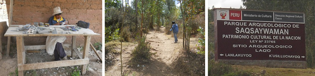 Der
                                      Spazierweg zur "Zone X"
                                      geht an einer Werkstatt f�r kleine
                                      Figuren vorbei - der Spazierweg im
                                      Wald mit F�hrer - das
                                      Strassenschild nach
                                      "Laq'o" /
                                      "Laco"