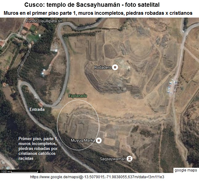 Satellitenfoto der Festung Sacsayhuam�n mit der Position der unvolst�ndigen Basismauern und den 6 Terrassen