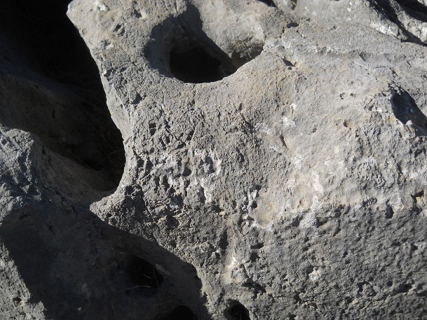 Cusco Sacsayhuam�n 10, Chaosbereich, gewellter Stein mit Thron, Schnitten und L�chern - Ritzzeichnung  08 - Nahaufnahme