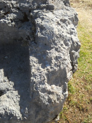 Cusco Sacsayhuam�n, Amphitheater: gefr�ster Stein mit einem Thron auf der Wiese 01, Nahaufnahmen der gefr�sten Oberfl�che 03