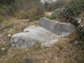 Cusco Sacsayhuam�n, Zone X (Laq'o / Laco): R�ckweg durch die Wiese, weisser, gigantischer Thron, Nahaufnahme 02
