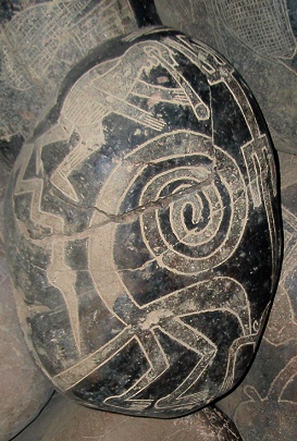 Ein Astronom mit Fernrohr mit
                            Linienbildern von Nasca, Affe, Eidechse und
                            Fischreiher