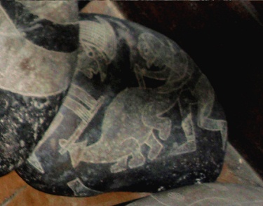 Ein Weiser greift einen
                          Dinosaurier an (Brontosaurier oder
                          Camarasaurier)