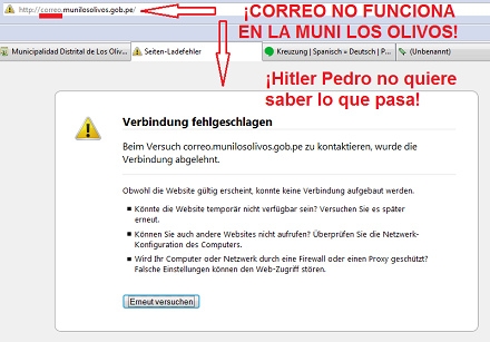 P�gina web de propaganda de Los Olivos: el
                    correo electr�nico no funciona - �el Hitler Pedro
                    "Mois�s" (�qu� feo nombre jud�o!) no
                    quiere saber lo que pasa!