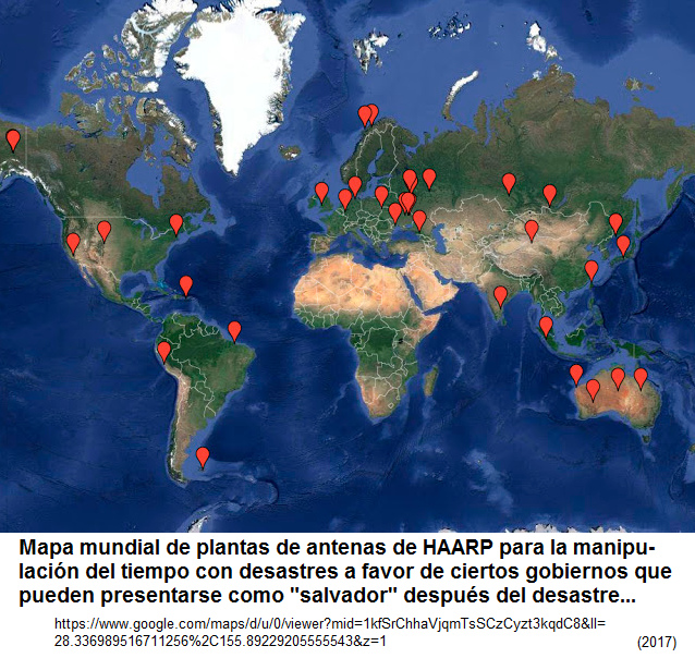 Mapa mundial con las plantas de antenas
                        de HAARP para manipular el tiempo en todo el
                        mundo con desastres a favor de ciertos
                        gobiernos