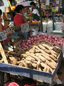 Marktstand mit Yuca und Zwiebeln
