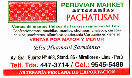 Markt f�r peruanisches Kunsthandwerk
                        (artesan�a) in Miraflores: Visitenkarte der
                        Firma Pachatusan f�r Textilien und f�r allerlei
                        Kunsthandwerk aus Cusco generell