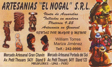 Markt f�r peruanisches Kunsthandwerk
                        (artesan�a) in Miraflores: Visitenkarte der
                        Firma Torres Jimenez f�r Holzschnitzereien